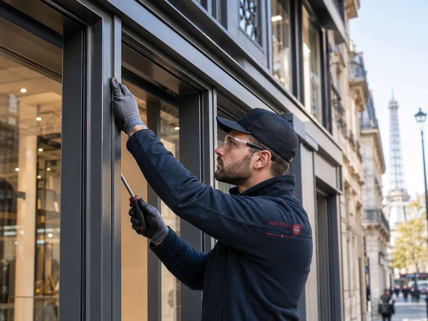 Technicien Abram’s Père & Fils intervenant sur une façade aluminium à Paris.