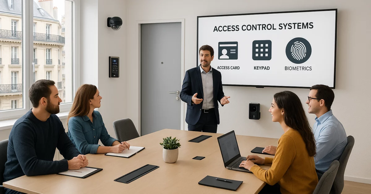 Formation employés à l'utilisation des systèmes de contrôle d'accès dans une salle de réunion moderne à Paris.