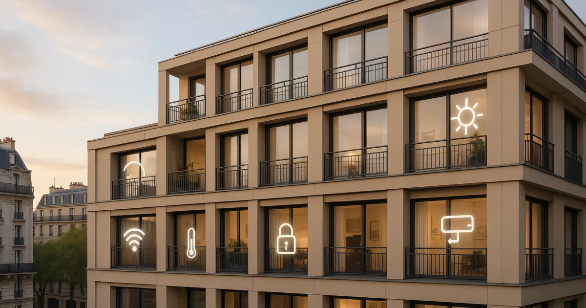 Immeuble moderne à Paris mettant en avant des automatismes connectés pour projets immobiliers.