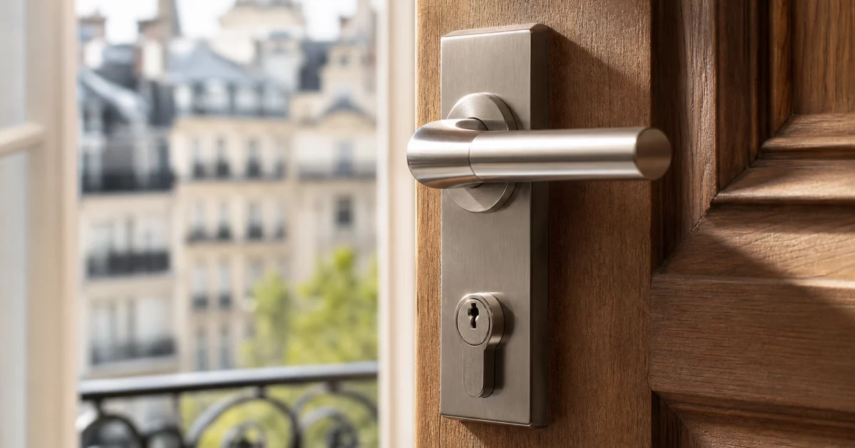 Serrure moderne installée sur une porte en bois à Menilmontant, Paris, illustrant le thème 'serrurier menilmontant' avec des éléments architecturaux en arrière-plan.