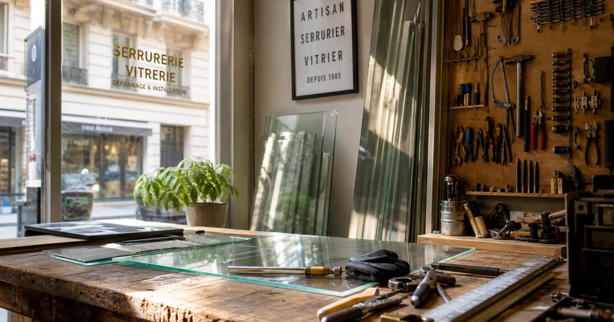 Atelier d'un serrurier vitrier à Paris, avec des outils de travail et des matériaux de vitrerie, illustrant les services de serrurier vitrier.