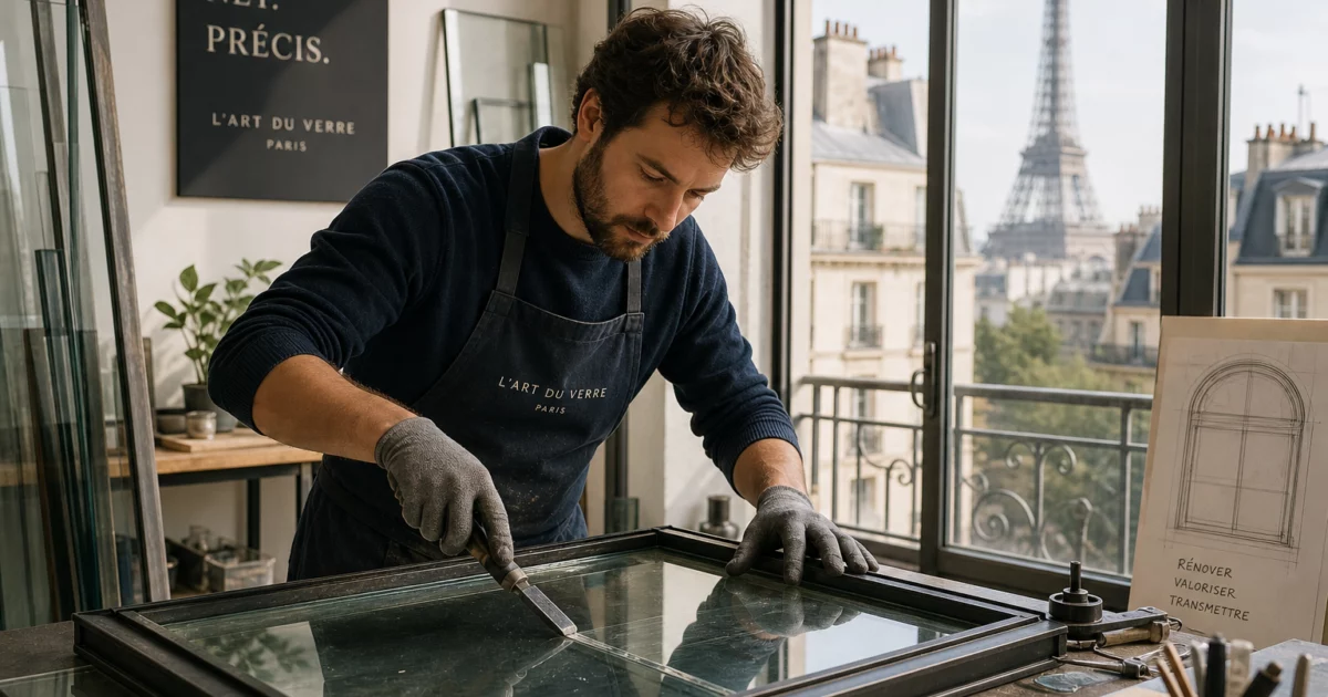 Artisan vitrier à Paris en train de réparer une fenêtre, illustrant le service de vitrier Paris.