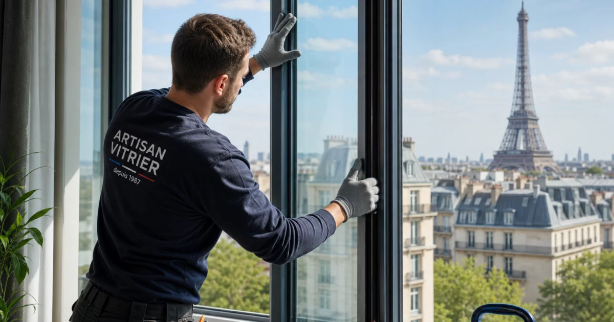 Artisan vitrier à Paris travaillant sur une fenêtre, représentant le service 'vitrier paris' dans une ambiance parisienne.