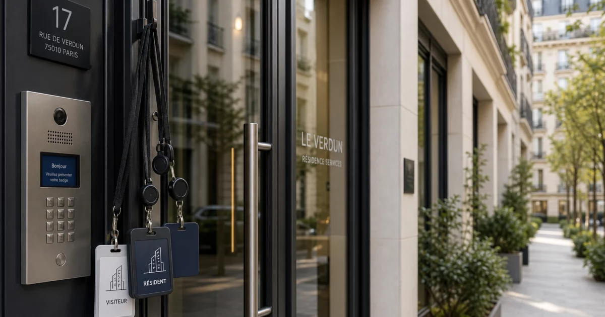 Copie badge immeuble Paris : image d'un immeuble avec badges d'accès à l'entrée, représentant la sécurité et l'accessibilité dans la gestion des accès à Paris.