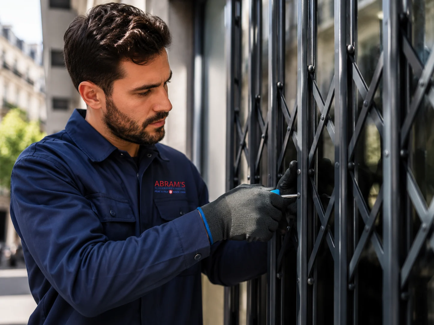 Technicien Abram’s Père & Fils ajustant une grille métallique ou un ouvrage acier en façade à Paris.