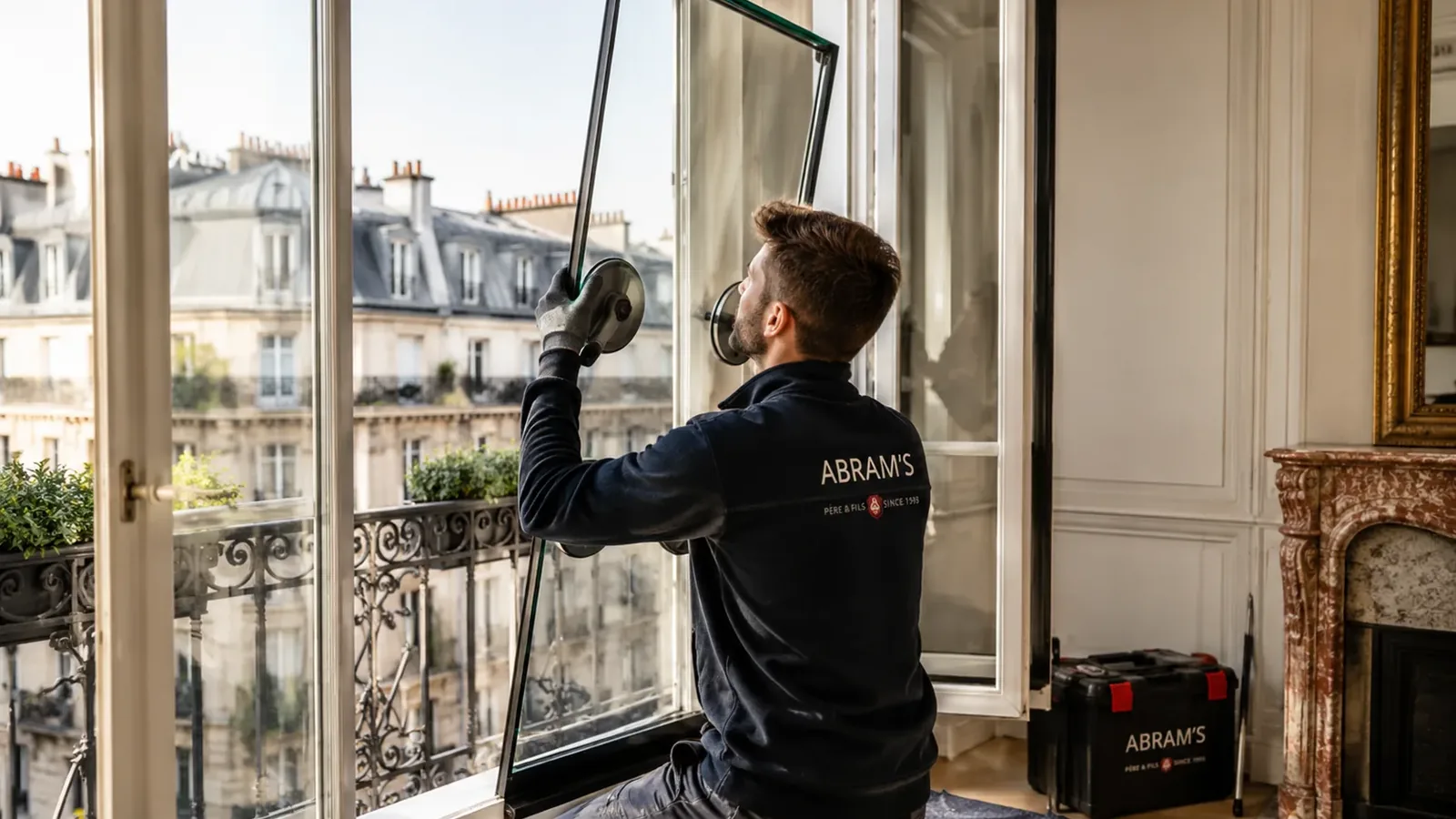 pose-fenetres-paris-abrams Technicien Abram’s Père & Fils posant une fenêtre dans un appartement à Paris