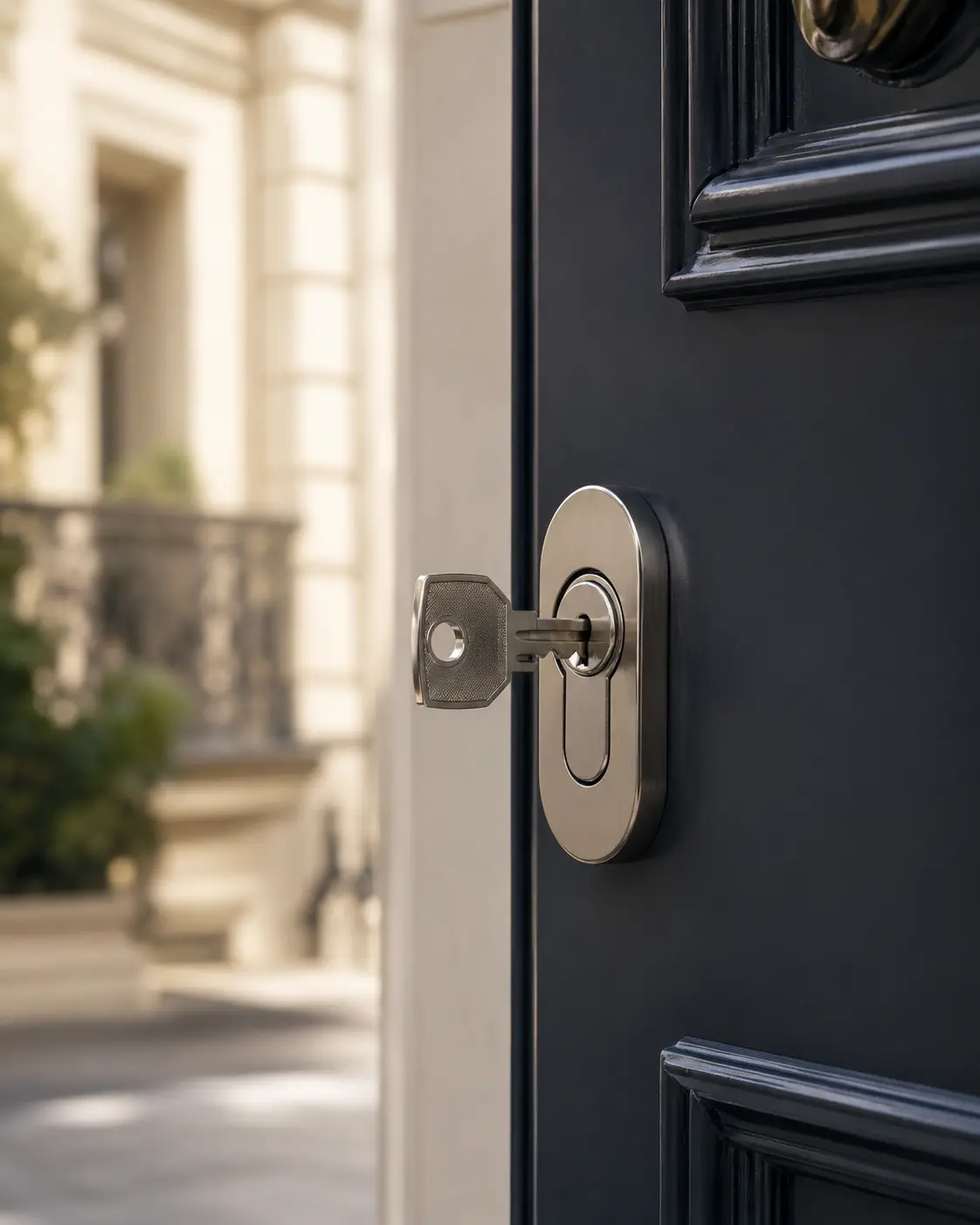 Cylindre de serrure avec clés sur une porte d’appartement à Paris.