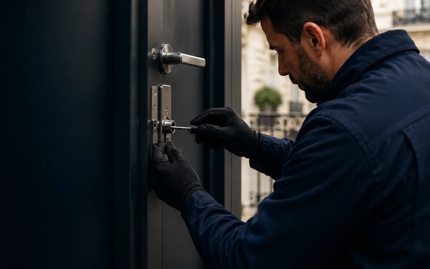 remplacement-serrure-paris-hero-abrams Technicien serrurier remplaçant une serrure sur une porte d’entrée à Paris.