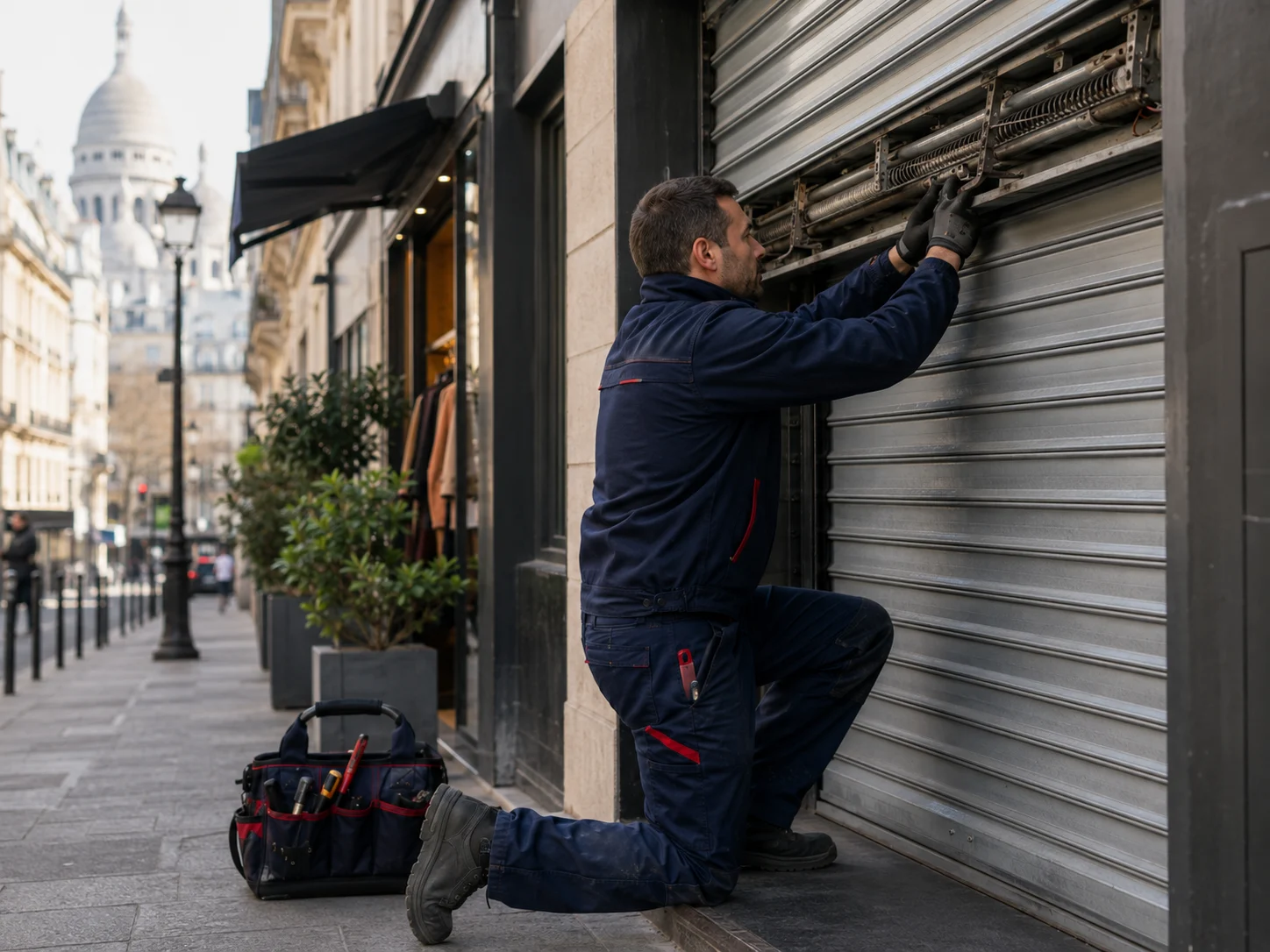 rideau-metallique-paris-depannage-abrams Technicien Abram’s réparant un rideau métallique à Paris.