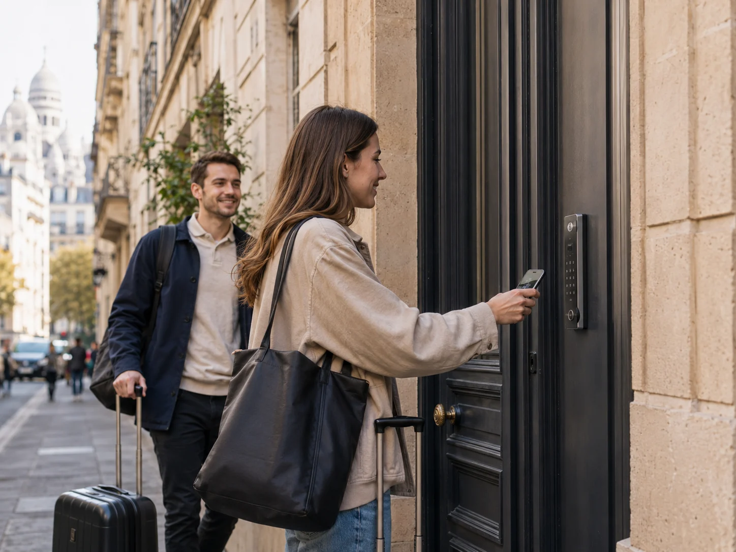 solution-airbnb-paris-acces-autonome-abrams Technicien Abram’s assurant la maintenance d’une porte automatique à Paris.