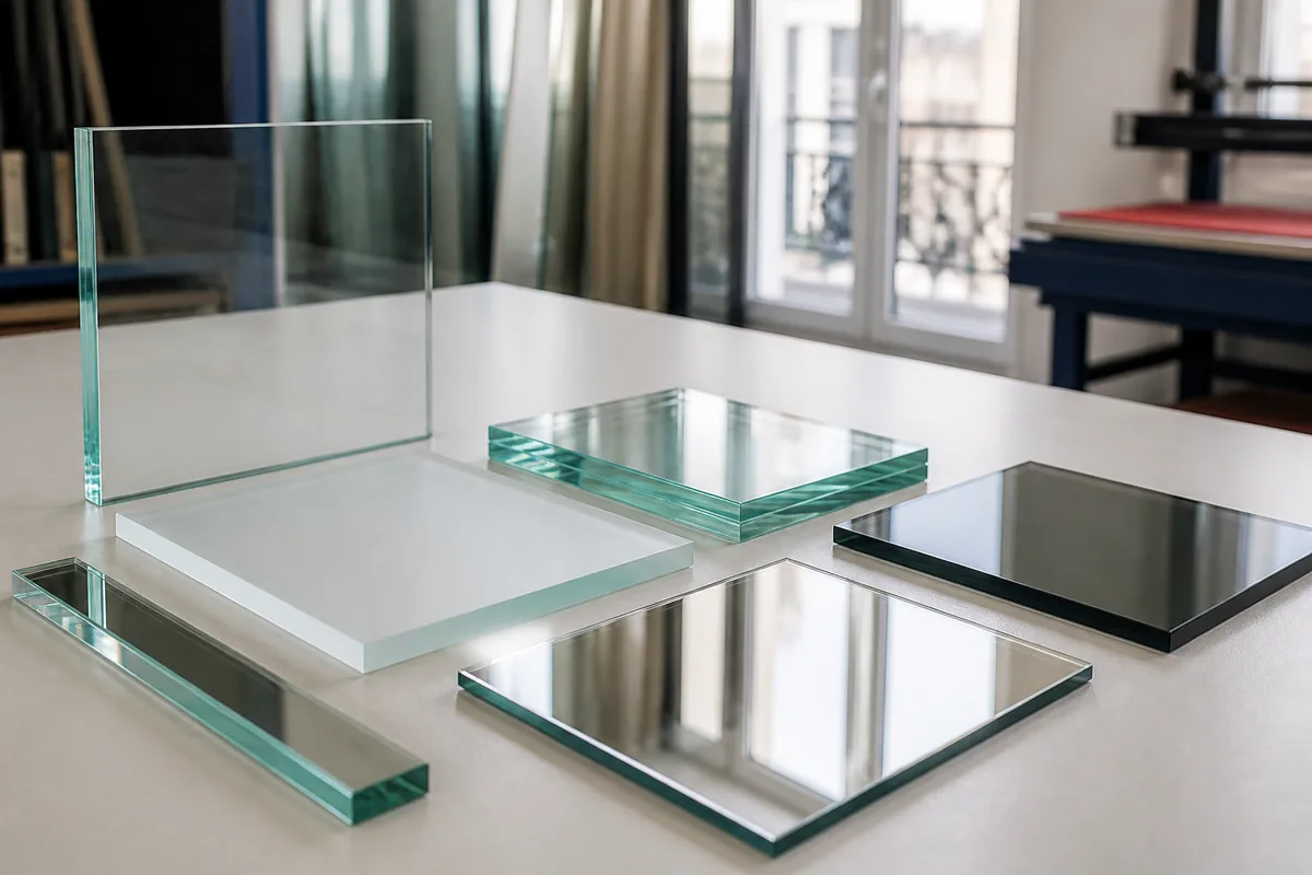 Types de verre sur mesure Paris Abram’s Échantillons de verre clair, dépoli, feuilleté et miroir pour découpe sur mesure à Paris