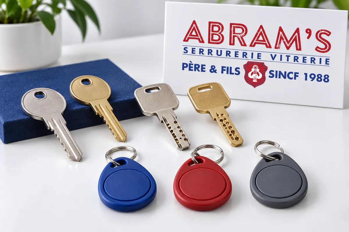 Exemples de clés plates, clés de sécurité et badges d’immeuble