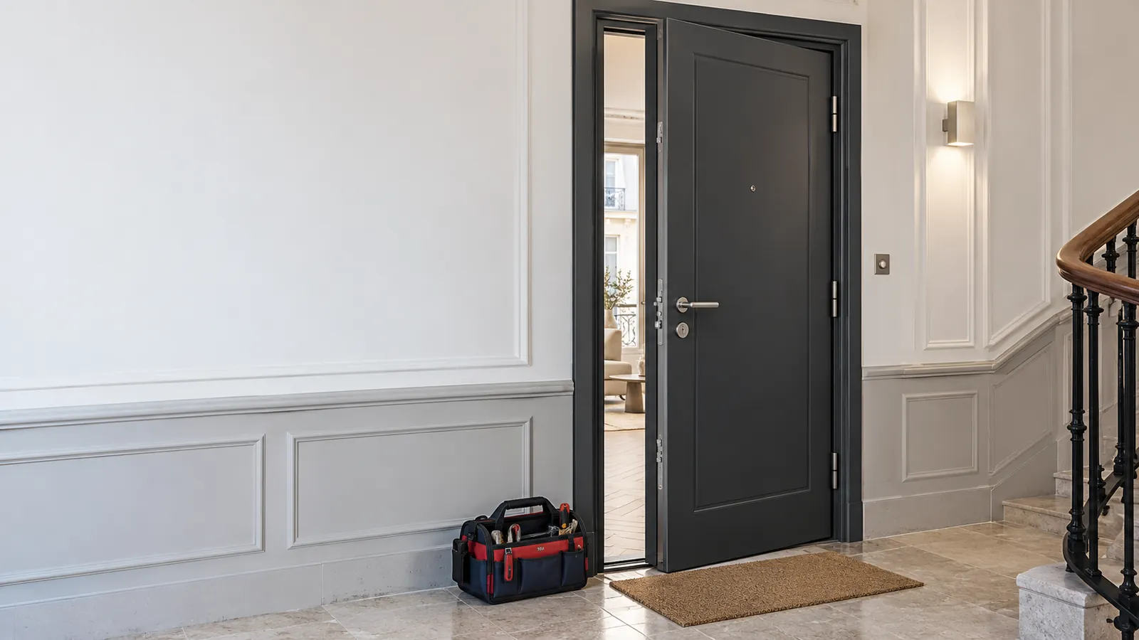 Illustration - Installation de bloc-porte blindé à Paris Illustration d’un ensemble porte et huisserie anthracite dans un palier parisien