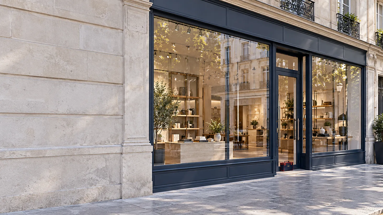 Illustration - Vitrine de magasin à Paris : pose et remplacement Illustration d’une devanture de magasin avec une grande vitrine et une porte vitrée